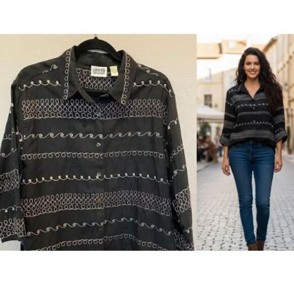 Chico's Design 100% Linen Black Boho Breezy Embroidery Button Up Shirt, Large - Picture 1 of 9